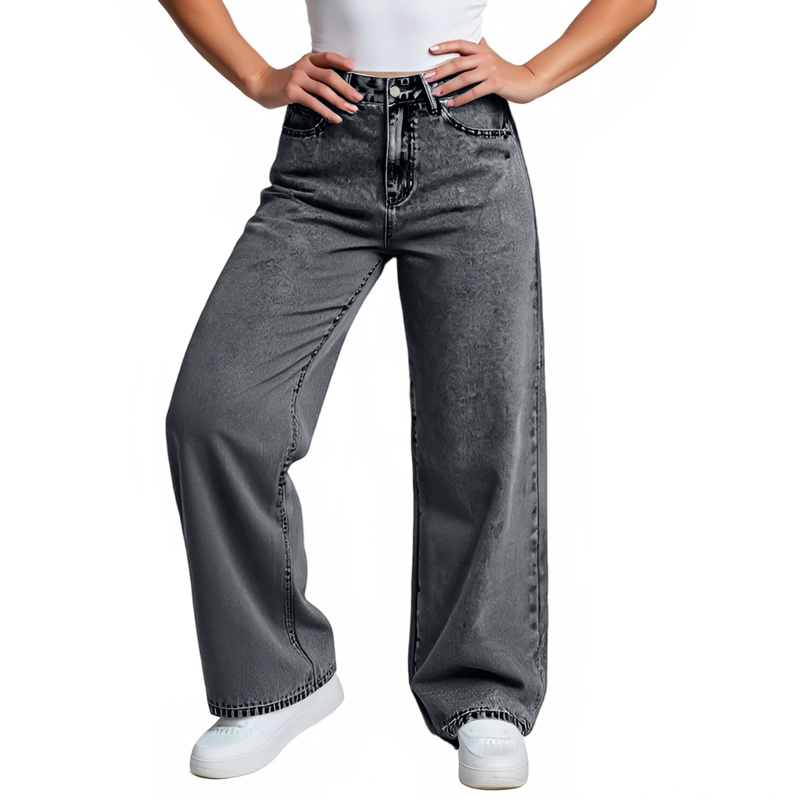 Nowe szerokie jeansy z wysokim stanem, wygodne, modne, z kieszeniami, proste spodnie dżinsowe, modne damskie klasyczne retro spodnie w stylu casual.