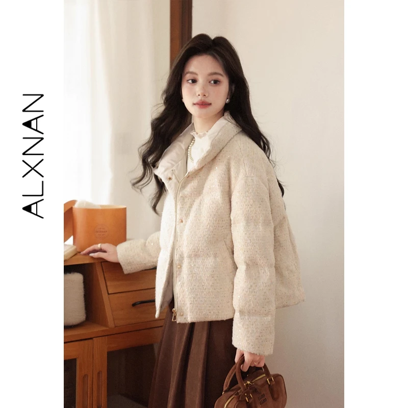 ALXNAN Damska Zimowa Kurtka Puchowa Parka Ocieplana Gruba Ciepła 90% Puch Kaczy Nowa Wodoodporna Modna Odzież Wierzchnia Damska 2025 L59139