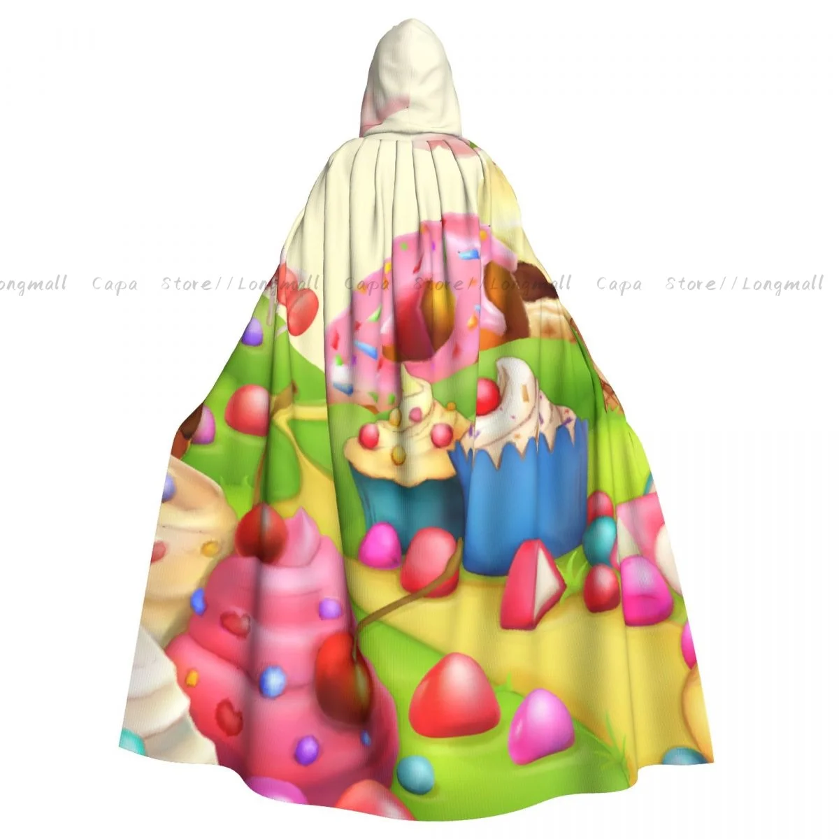 Adult Halloween Yummy Donuts Land Cupcakes Ice Cream Candy Clouds Cloak Cape Hooded Medieval Costume Full Length Dress Coat