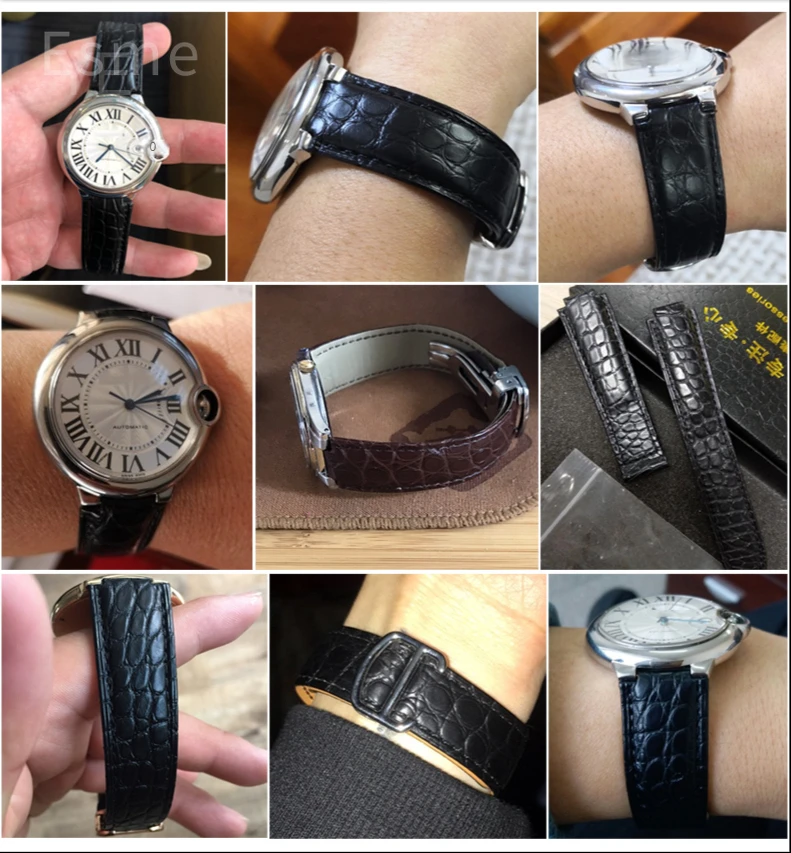 حزام ساعة تمساح أصلي بواجهة محدبة خاصة باللون البني والأسود لحزام كارتييه بالون بلو دي المقاوم للماء والعرق