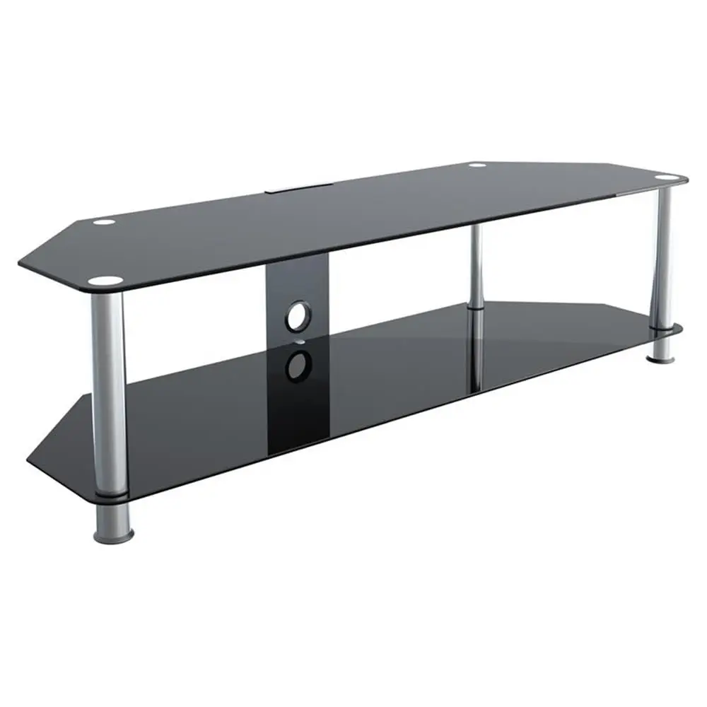 Black Glass TV Stand Chrome Legs Cable Management 2 Lower Shelves 65 Inch 132 lbs 44 lb Capacity, Customized
