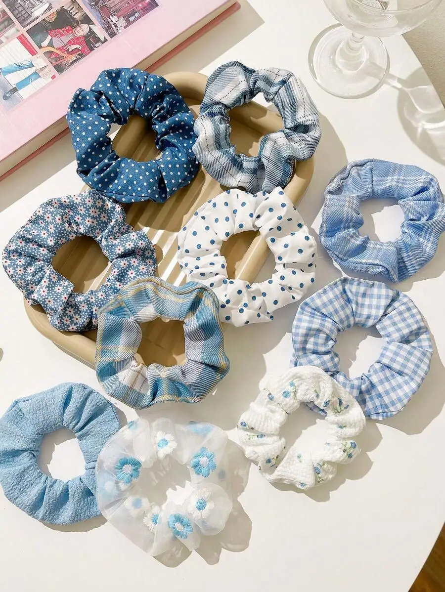 10pcs Women Plaid & Floral Pattern Scrunchies Casual Hair Ties Scrunchy Hair Ties, Hair Accessories
