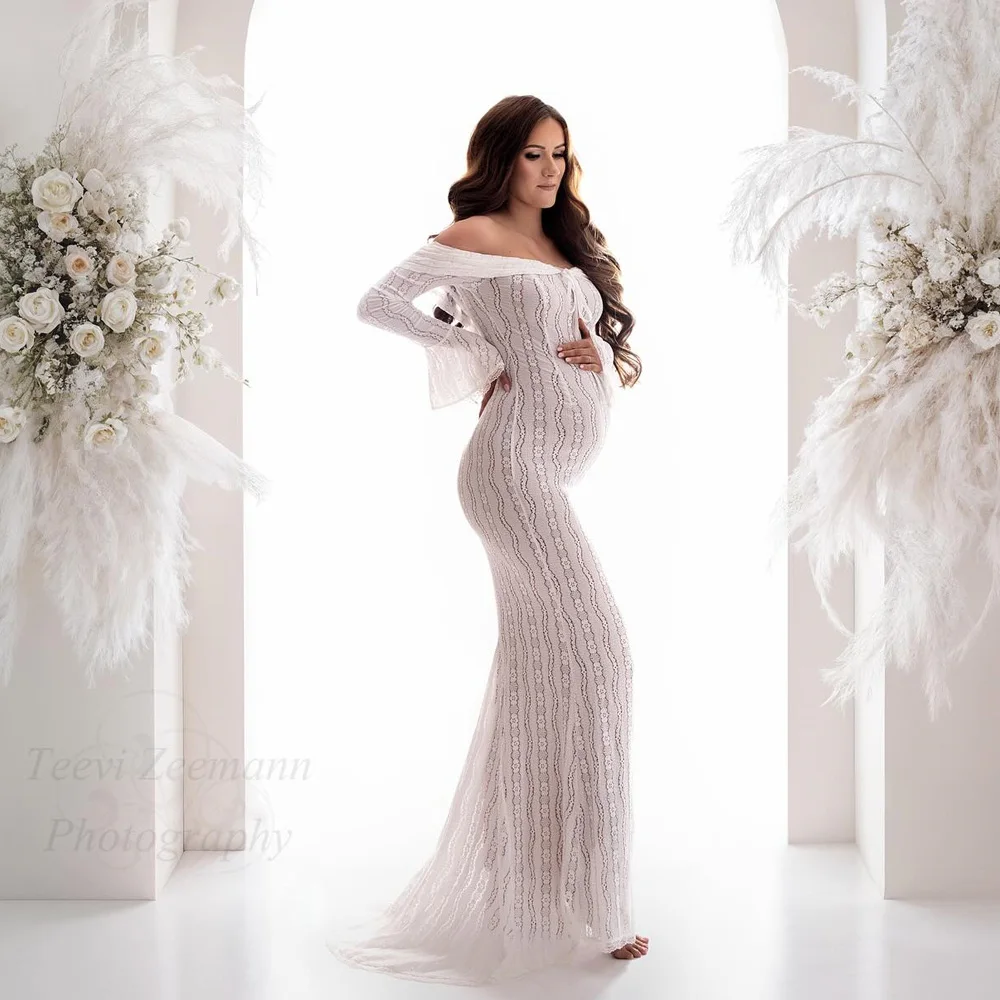 Maternity Dresses For Photo Shoot Elegant One Shoulder Long Sleeved Lace Dress Baby Shower Dress Photography For Pregnant Women