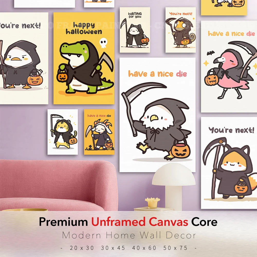 Cute Halloween Grim Reaper Animal Unframed Canvas Print, Cartoon Pumpkin Creature Poster, Funny Seasonal Wall Art for Room Decor