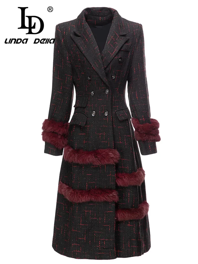 

LD LINDA DELLA 2023 New Style Runway Designer Overcoat Women's Wintertime Double-Breasted Slim Fit Plush Print Outerwear