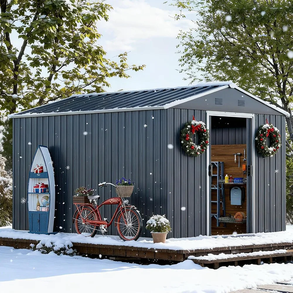 

10x8 Ft Outdoor Storage Shed, Large Garden Tool Metal Shed with Sloping Roof and Lockable Door