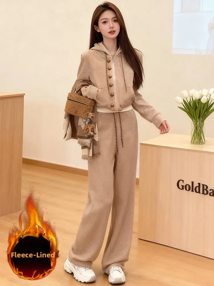 

Women's Thickened Fleece Jacket Top And Wide Leg Pants Two Piece Set Korean Style Spring Fashion Casual Sportswear Ensemble
