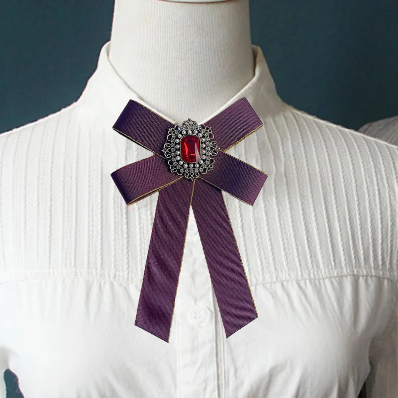 Retro Women's Bow Ties Ribbon Pearl Rhinestone Brooch Handmade Men Korean British College Style Shirt Accessories Collar Flowers