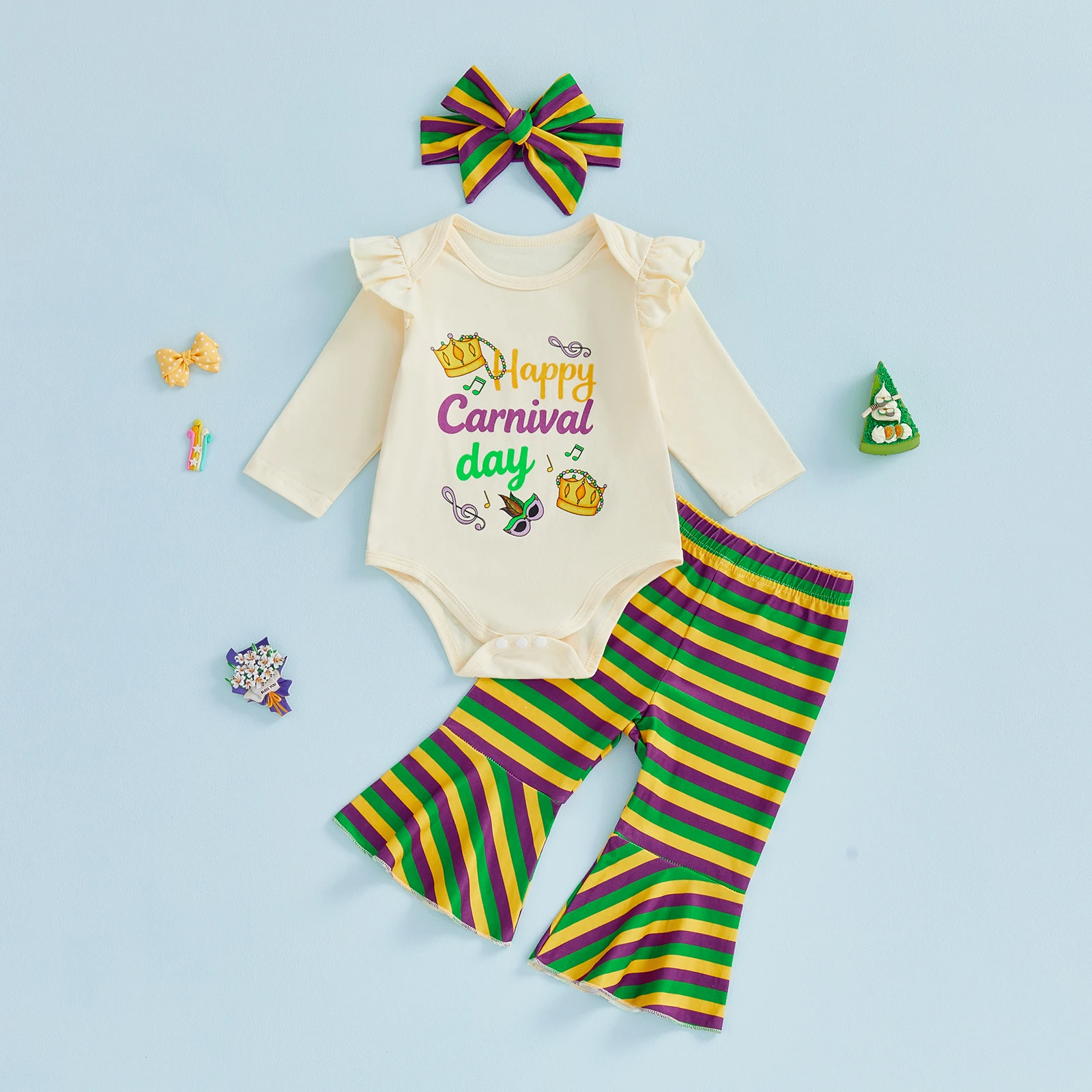 طقم زي الأميرة الهالوين للأطفال الصغار بأكمام طويلة وسروال مخطط واسع وعصابة رأس مكون من 3 قطع للفتيات