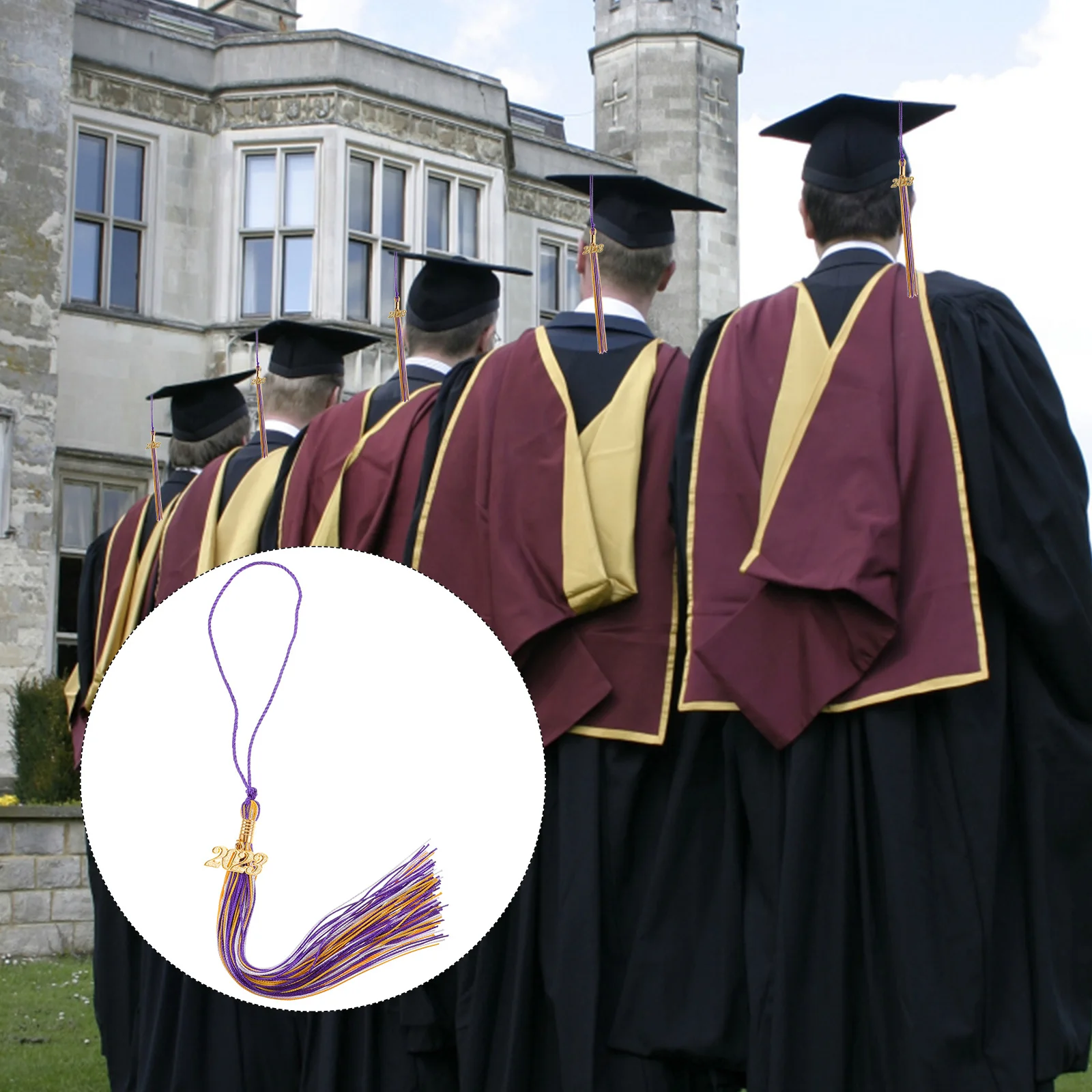 

2024 Graduation 6 Purple Gold White Mix Year Tags Durable Polyester Hat Cap 2023 Grad Graduation Tassels Decorations