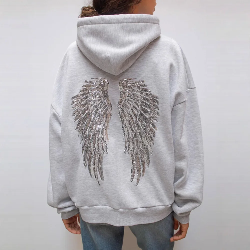 Y2K Style Women Sweatshirt Set Sequins Angel's Wings Hoodies Fold Waist Low‑Rise Casual Bootcut Trousers Yoga Pant Set