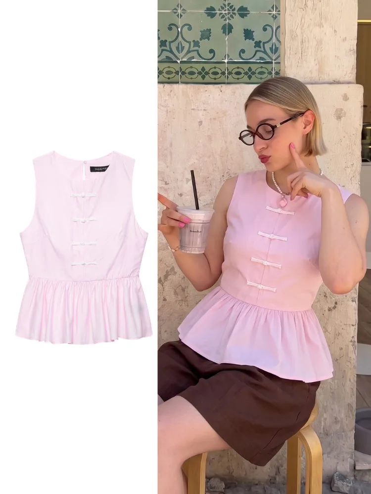 HH Women Summer Elegant Pink Peplum Top Round Neck Sleeveless Frog Button Slim Waist Flared Hem For Office Dinner Date Party