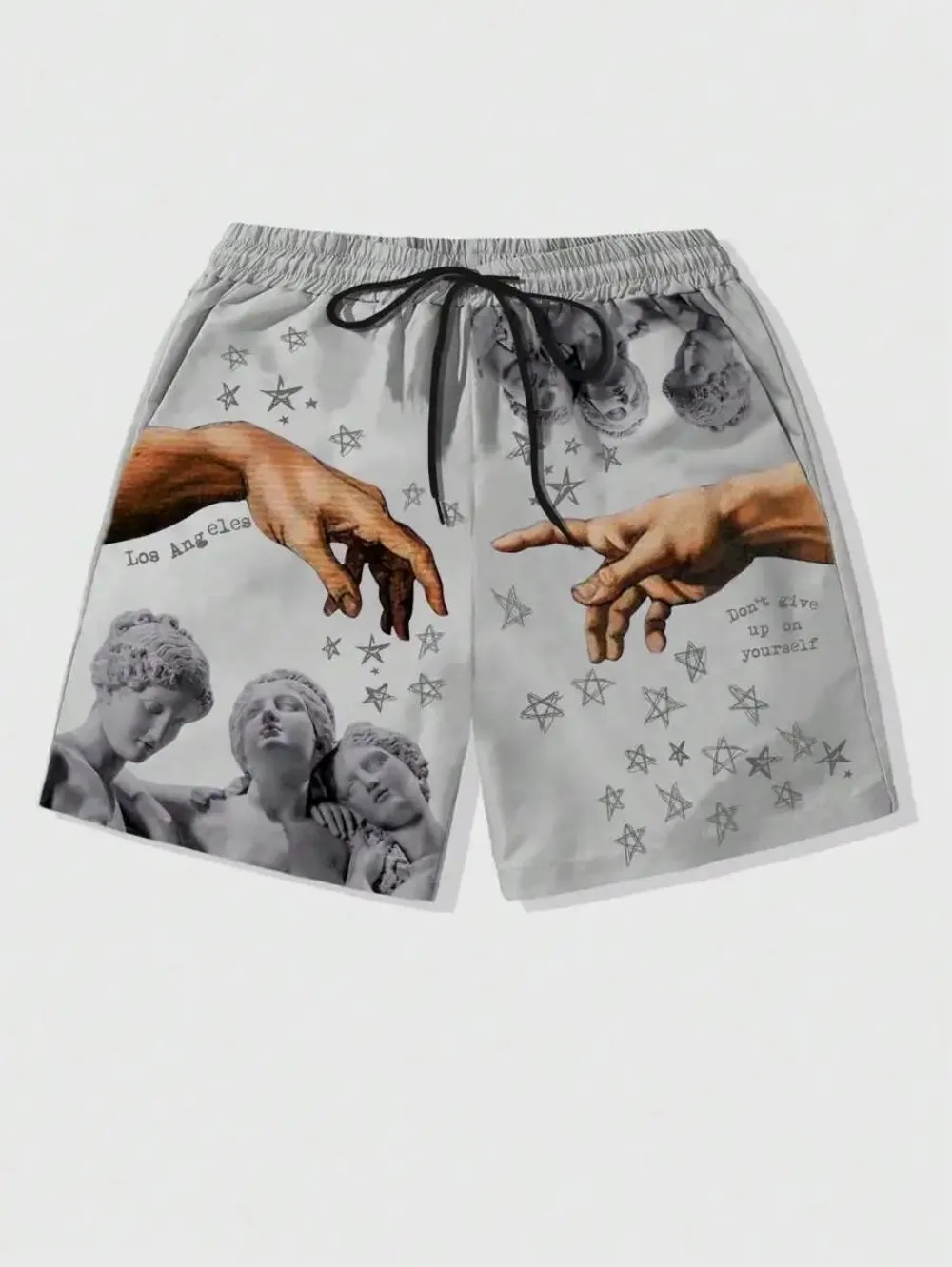 European and American Men's Summer Luxurious Statue Print Comfortable Breathable Drawstring Shorts Outdoor Vacation Casual Pants