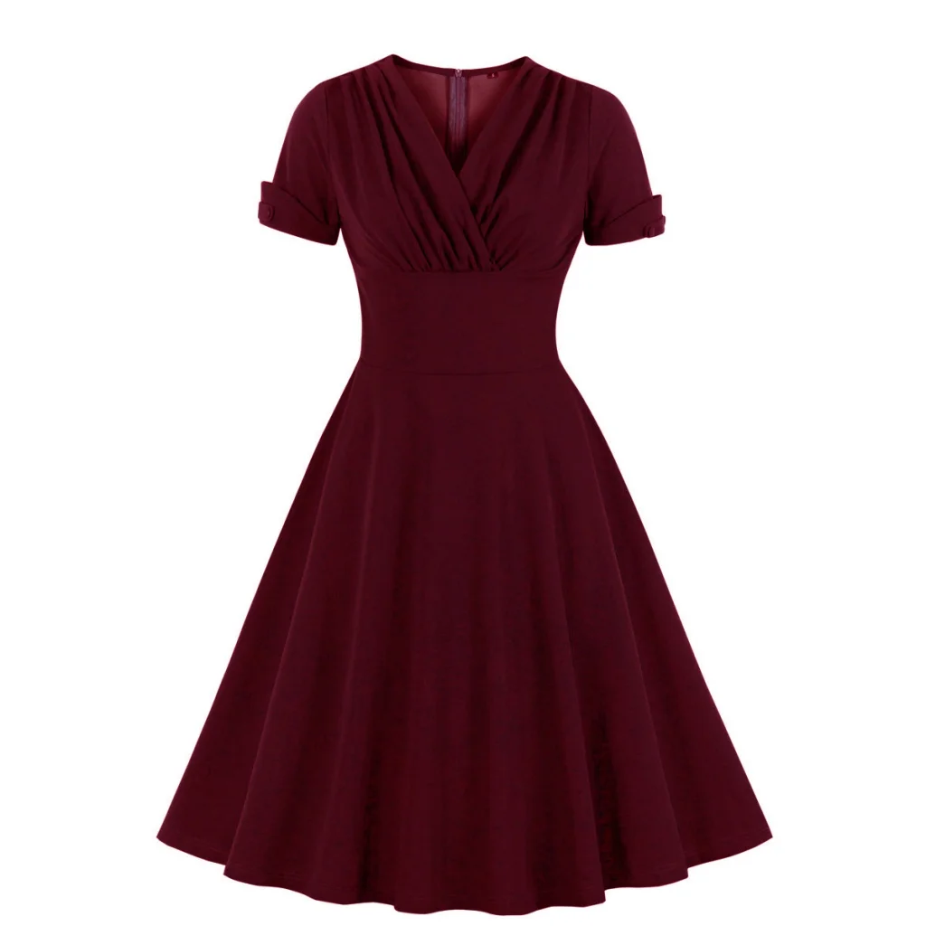 Hot Selling Sexy V-neck Women's Retro Temperament Pleating Waist-Controlled Large Hem Dress 2125