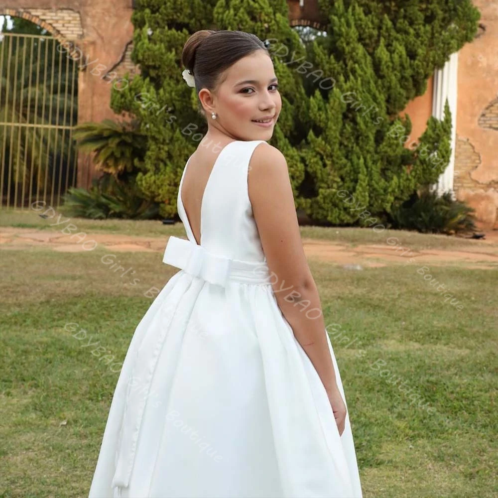 

Атласное платье с цветочным узором для девочек на свадьбу, платье подружки невесты с круглым вырезом и открытой спиной, платье для первого причастия с бантом, детское праздничное платье