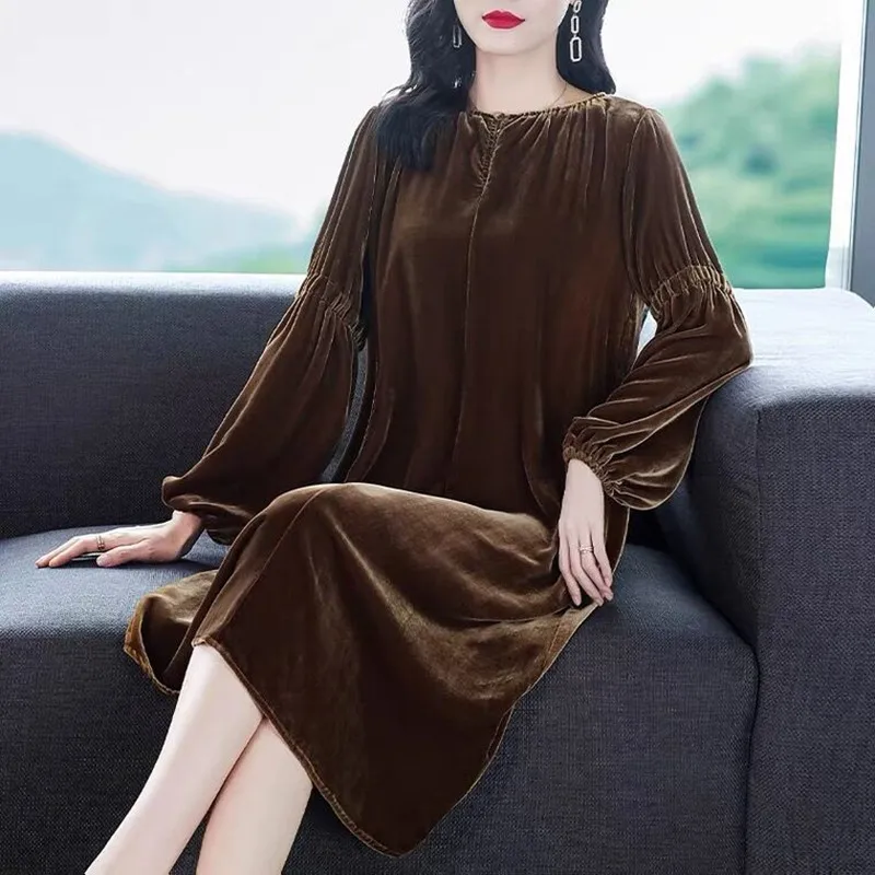 plus size Autunm long sleeve vintage velvet party dress, korean fashion Winter Long Sleeve Elegant Retro Streetwear velour dress