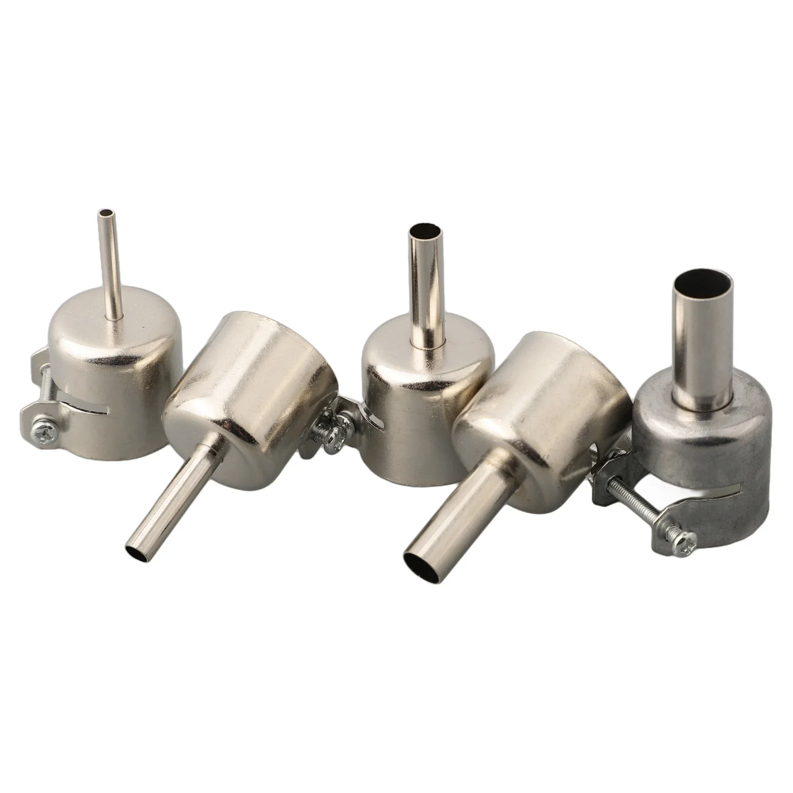 A Comprehensive Set Of Five Stainless Steel Hot Air Welding Nozzles Tailored For Professional Use In Soldering Stations