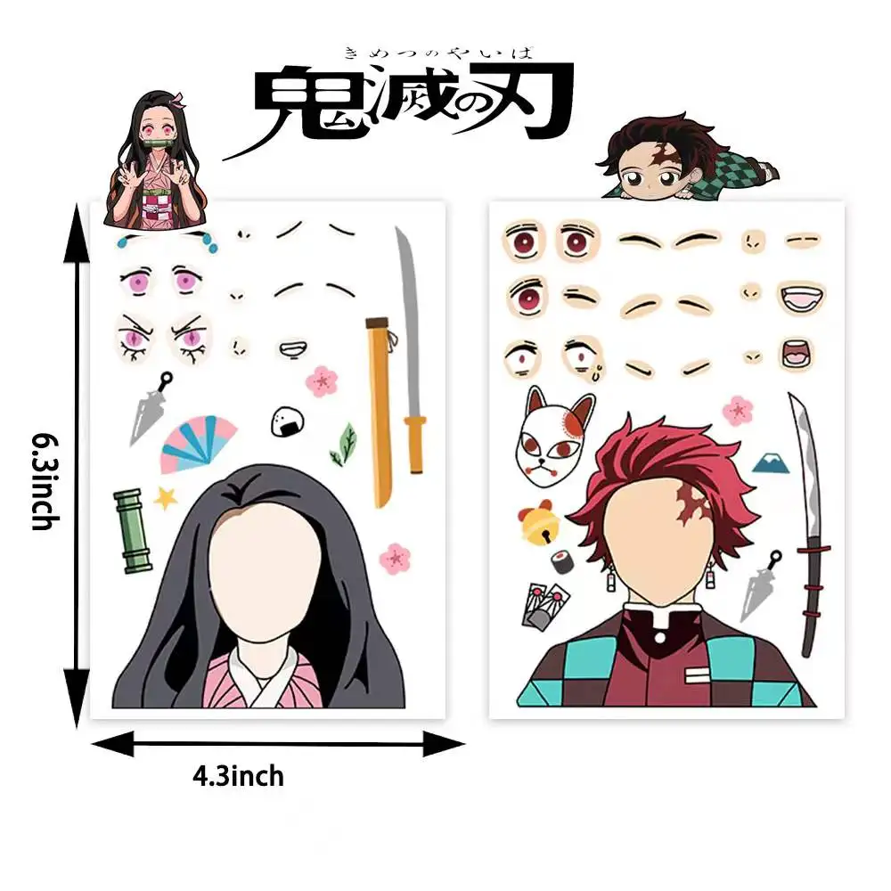 32Sheets Children DIY Puzzle Sticker Demon Slayer Face Funny Assemble Anime Stickers Kids Toys Boys Girls Gifts