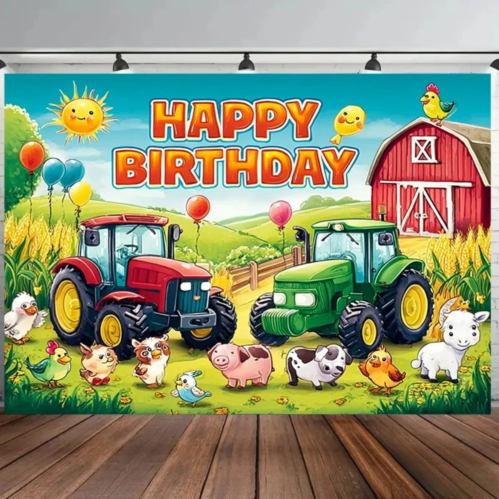 Banner-Hintergrund mit Bauernhoftieren und Traktor-Motiv, Kindergeburtstag, Heimdekoration, Fotografie-Hintergrundstoff