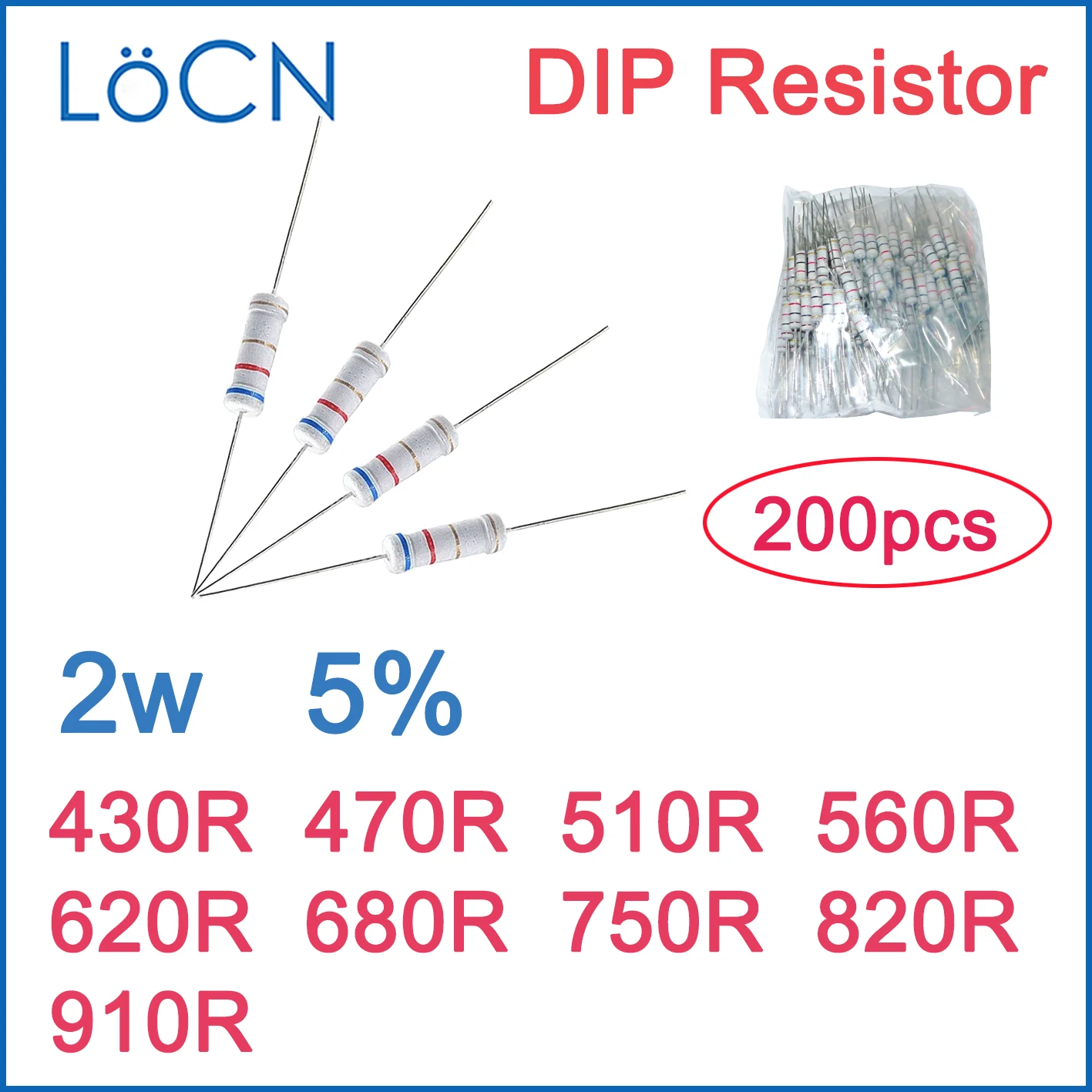 200 قطعة 5% 2 واط الكربون فيلم المقاوم DIP 430R 470R 510R 560R 620R 680R 750R 820R 910R أوم اللون الدائري