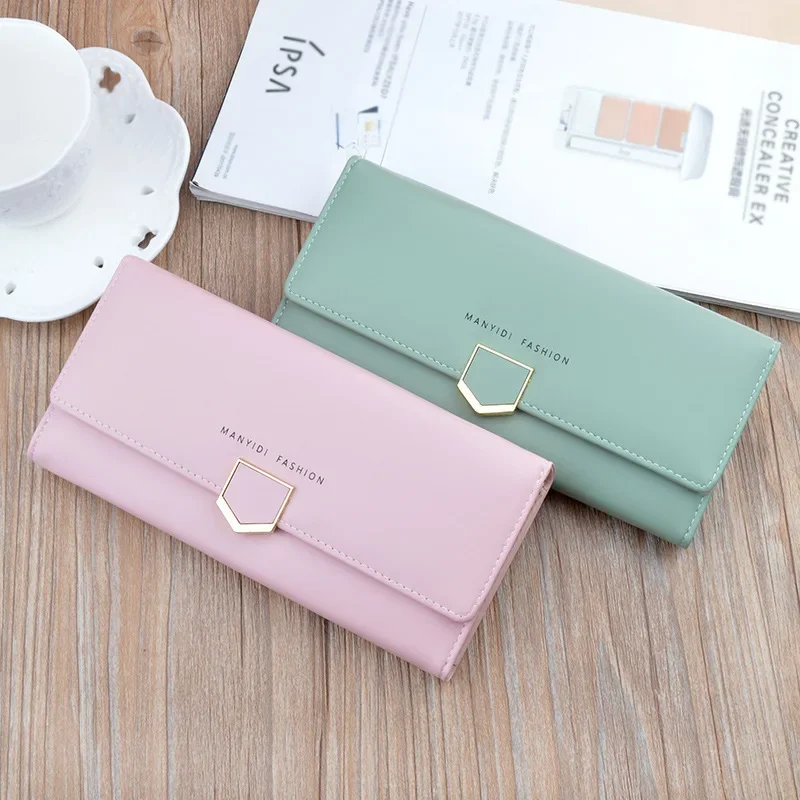 New women\'s wallet women\'s long multi-card buckle clutch bag fashion simple three-fold wallet soft wallet