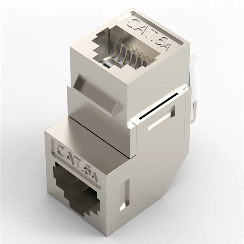 RJ 45 Female Cat6A 90 derajat sudut Splitter Coupler 10G terlindung untuk kosong Panel Faceplate Wallplate RJ45 Keystone Jack Adapter