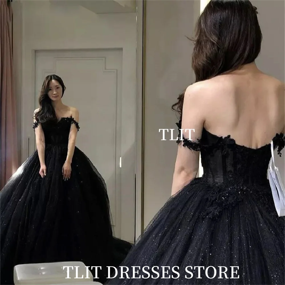 TLIT czarna cekinowa tiulowa suknia wieczorowa Korea suknia ślubna sesja zdjęciowa Sweetheart Off the Shoulder suknie na bal maturalny dostosowane