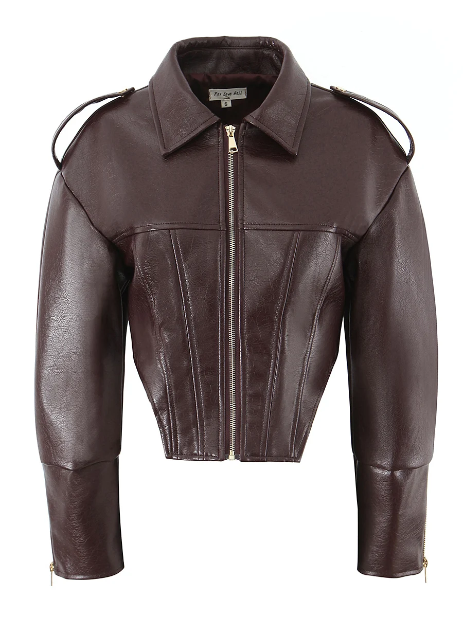 American Street Sle Biker ort Leather Jaet Women's Design Sense Stand Collar Zipper Waist Inward Coat Street Faion