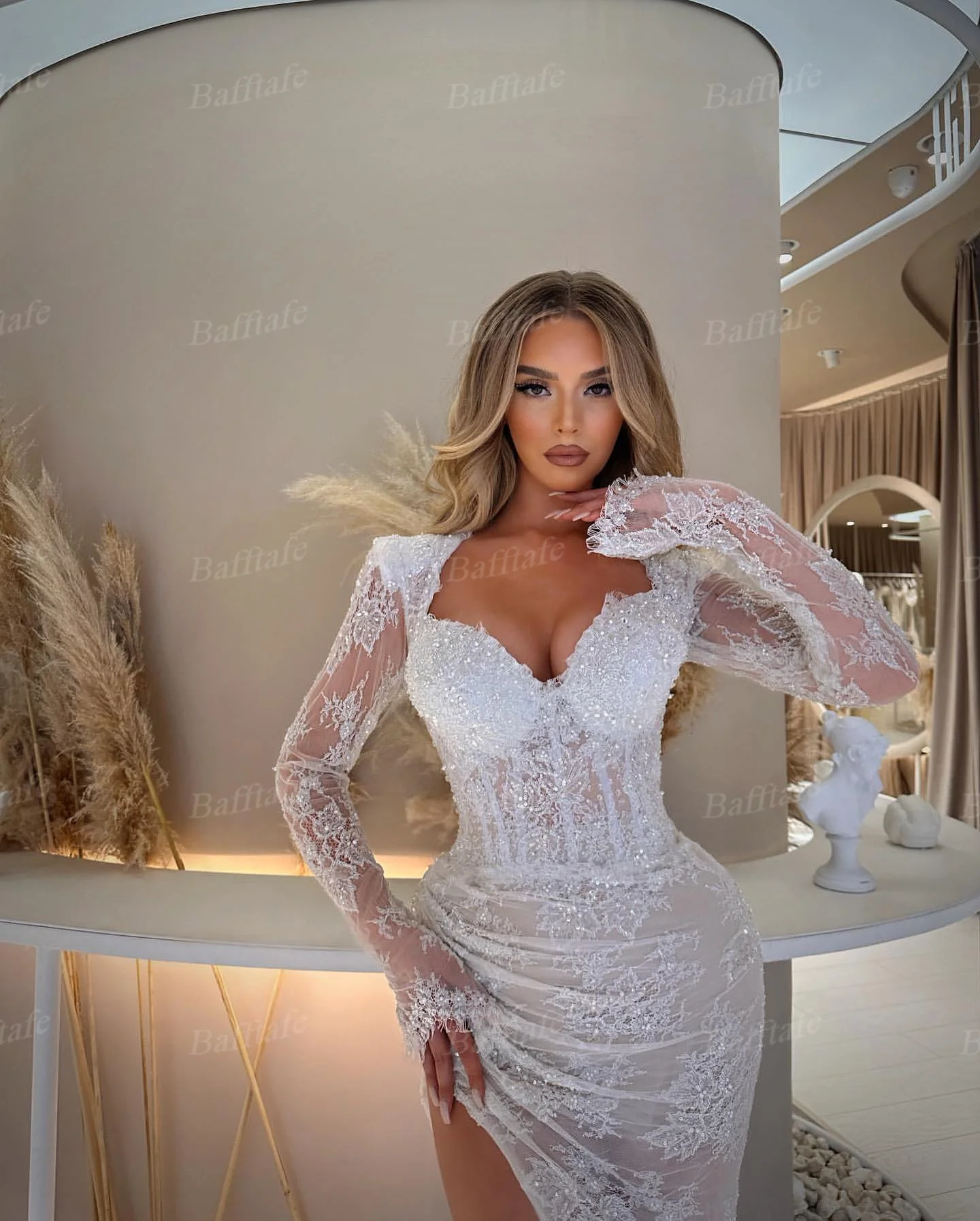 Bafftafe Elegant Lace Bride Wedding Dresses Mermaid Long Sleeves Bridal Party Gowns Split Women Formal Bridal Dress 2023