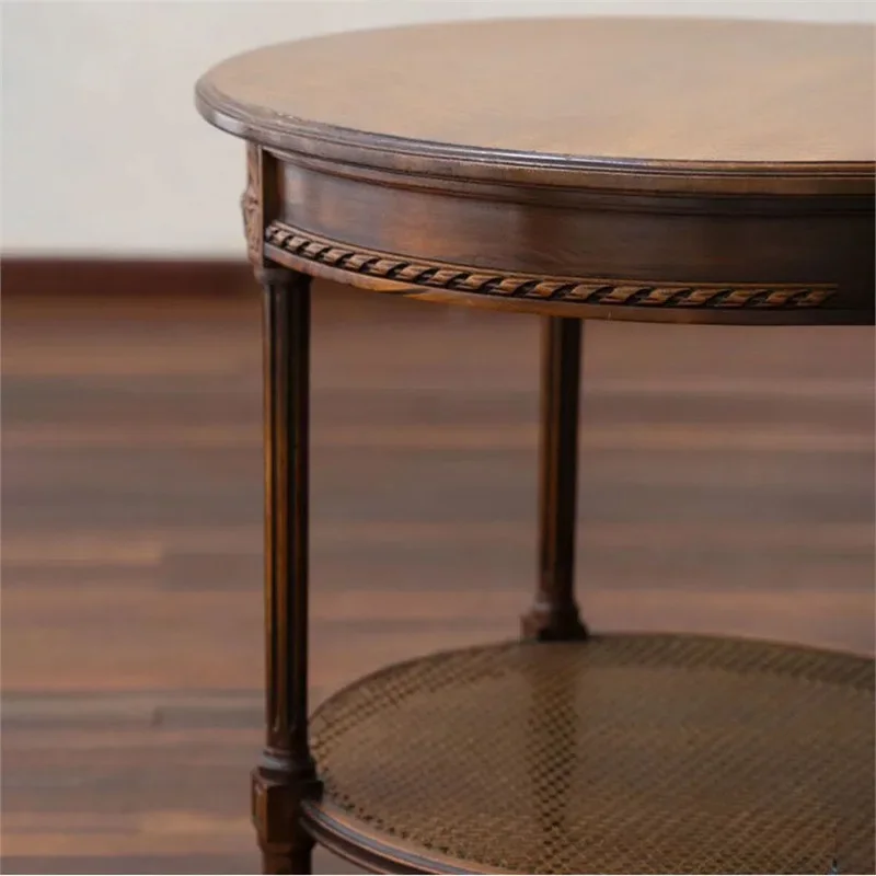 European retro solid wood carving old rattan woven round table middle ancient style carving edge corner table coffee table