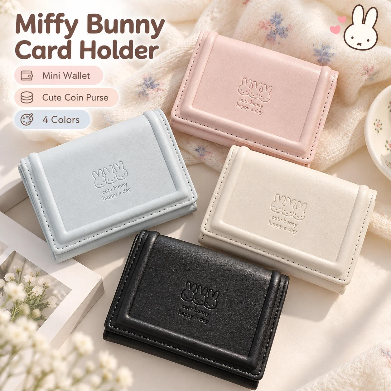 Miffy Cute Rabbit Card Holder PU Leather Mini Card Wallet Slim Card Case Small Purse ID Credit Card Storage Bag for Women