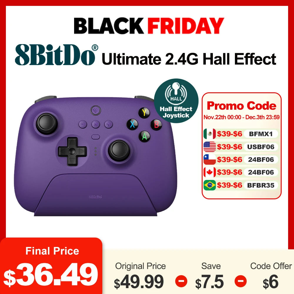 8bitdo PC Wireless Controller Ultimate 2.4G Gamepad Upgrade Hall effect Joysticks new Color Purple for Windows 10 11 Andriod IOS