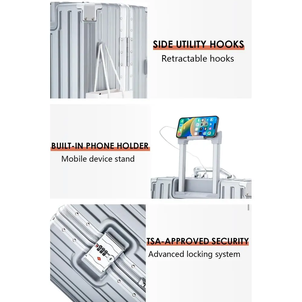 Aluminum-Framed Business Suitcase with Cup Holder & USB, 24-Inch Grey Checked Hard Shell Luggage