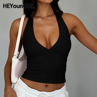 HEYounGIRL Solid Halter V Neck Women Tank Top Fashion Streetwear Sleeveless Basic Low Cut Fitted Crop Top Sexy Summer Outfits