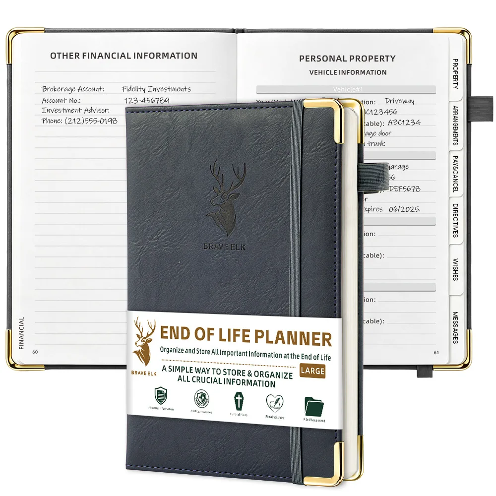 End of Life Planner PU Leather Notebook Final Wishes Estate Organizer Log Book For Seniors Document & Asset Information