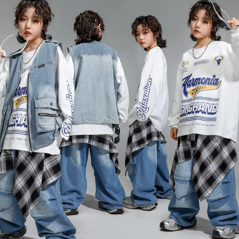 

Kid Hip Hop Clothing Denim Blue Sleeveless Jacket Vest White Sweatshirt Top Jeans Baggy Pants for Girl Boy Dance Costume Clothes