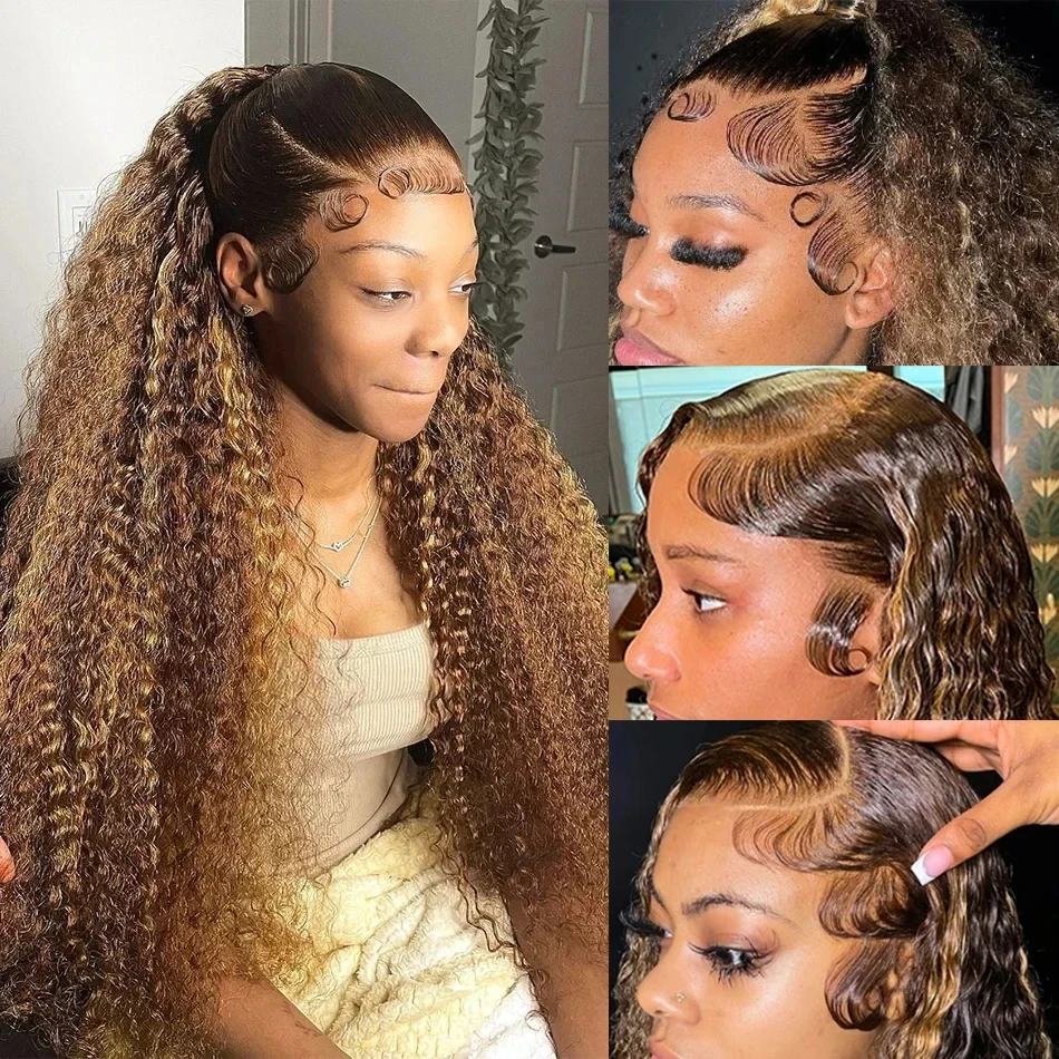 18-calowe Ombre Highlight Lace Front Human Hair Wigs Water Wave 13x4 HD Transparent Curly Lace Frontal Wigs Pre Plucked with Baby