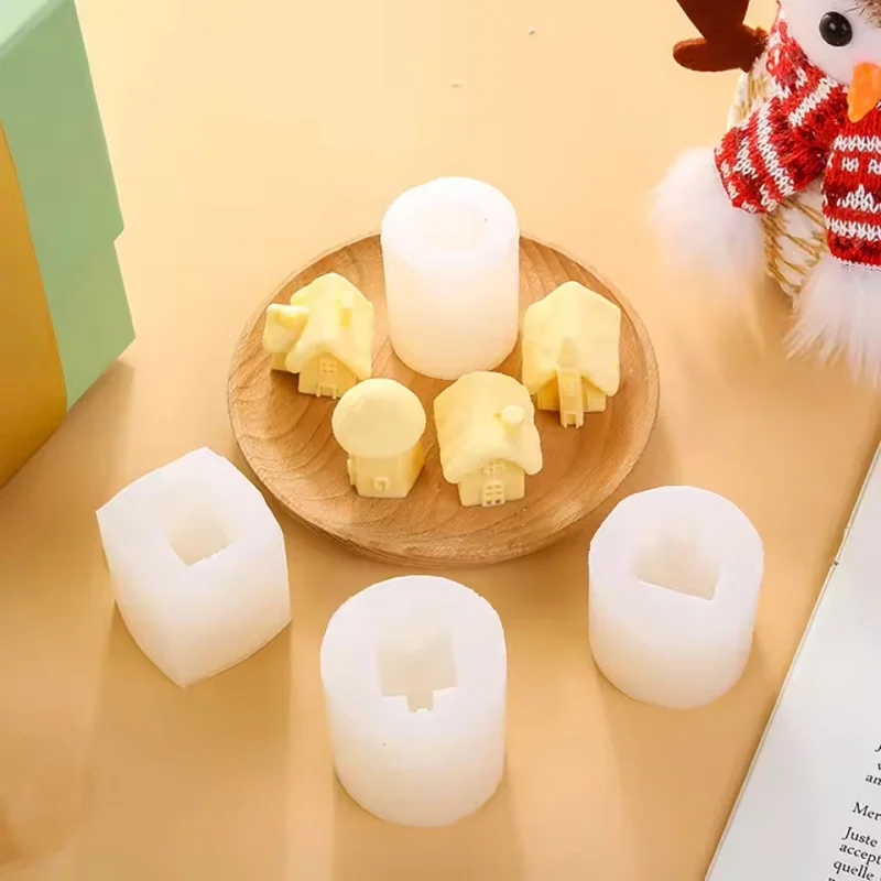 DIY Fondant Chocolate Cake Decor Mould 4Styles 3D House Silicone Mold Set Resin Plaster Aromatherapy Candle Craft Baking Tool 2