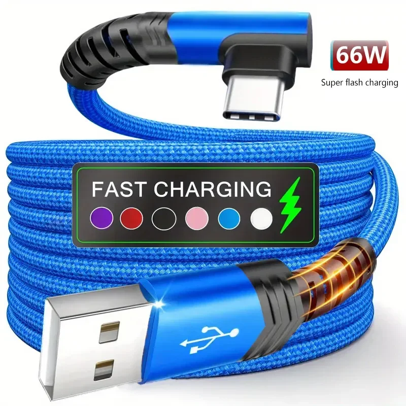 90 Degree Cable Elbow 60W USB to Type C Fast Charging Cable for Huawei Xiaomi Samsung 3M Nylon Braided Quick Charge Data Cord