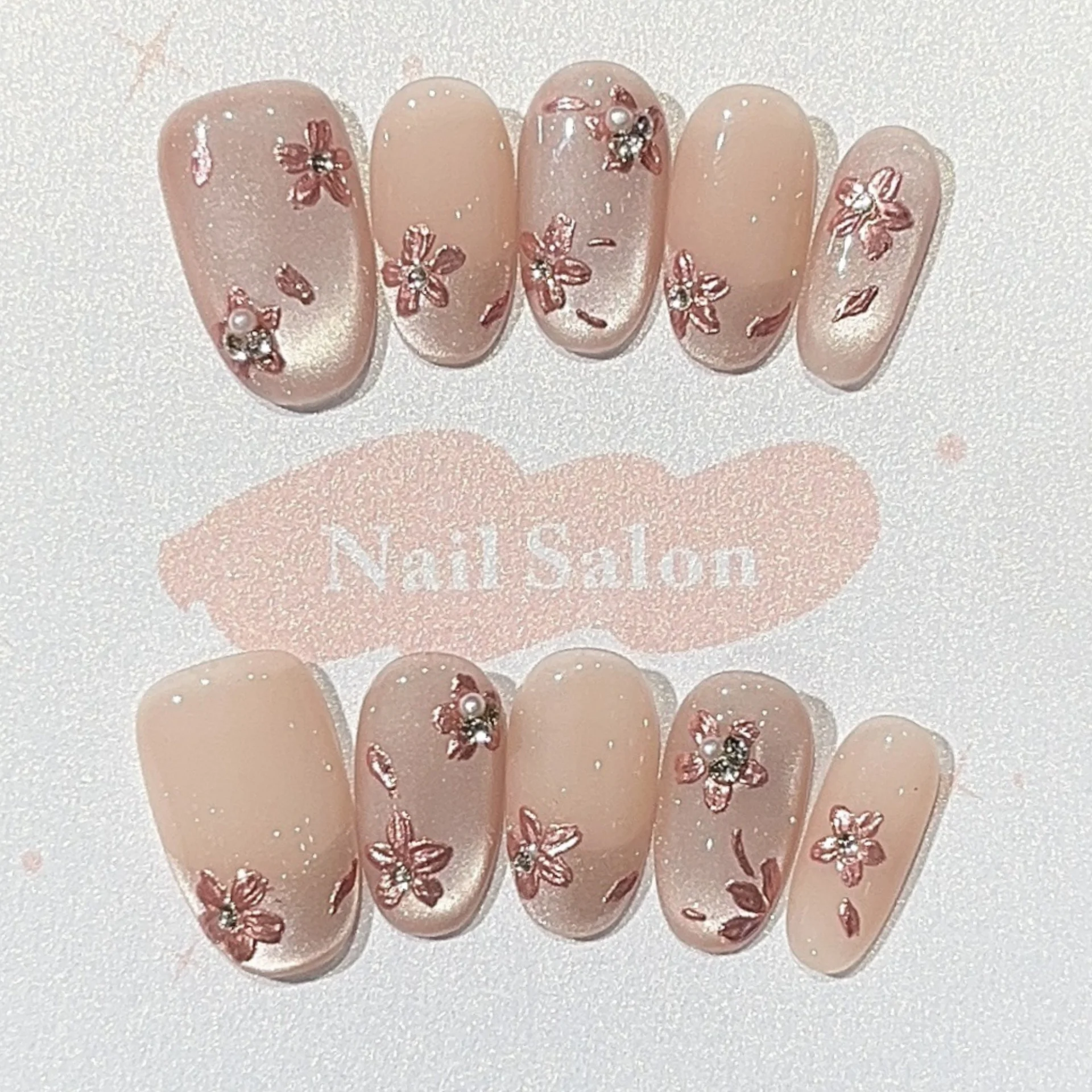 

10 шт., накладные ногти ручной работы, градиентные кошачьи глаза, короткие овальные накладные ногти, простые персиково-розовые накладные ногти, многоразовые наборы для ногтей