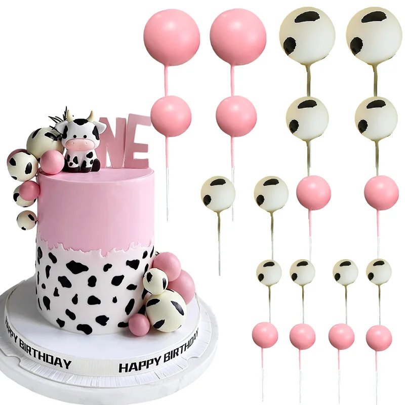 Cute Animal Cow Cake Topper Kids 1st Birthday Party Cake Decorations Pink Cow Color Balls Boy Girl Baby Shower Party Decorations