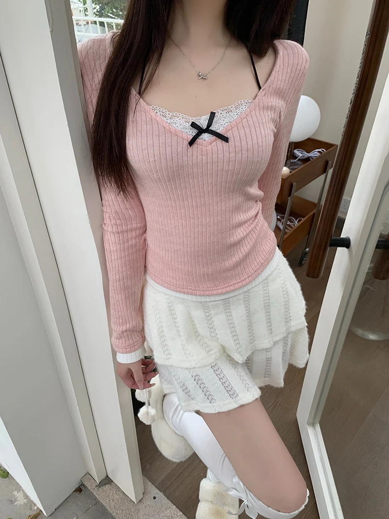 Anivia Women's New Korean Cute Bow Long Sleeve Fake Two Piece Knitted T-shirt Pink Fashion High Street Splicing Design Y2K Top