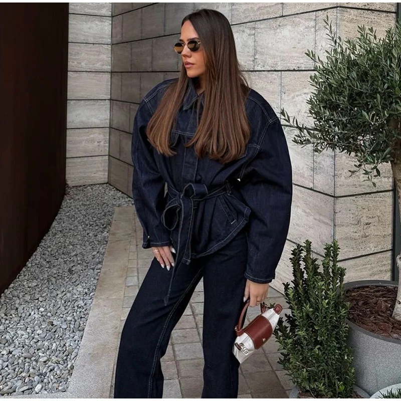 Zweiteiliges Vintage-Jeans-Set für Damen, einreihig, Reversgürtel, Jacke, passende Jeans mit hoher Taille und geradem Bein, lässiges tägliches Outfit – Detail 8