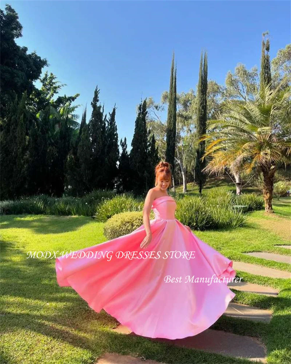 MODX فساتين سهرة وردية أنيقة من الساتان بدون حمالات بدون أكمام بطول الأرض دبي العربية للنساء فساتين مناسبة رسمية للحفلات #2