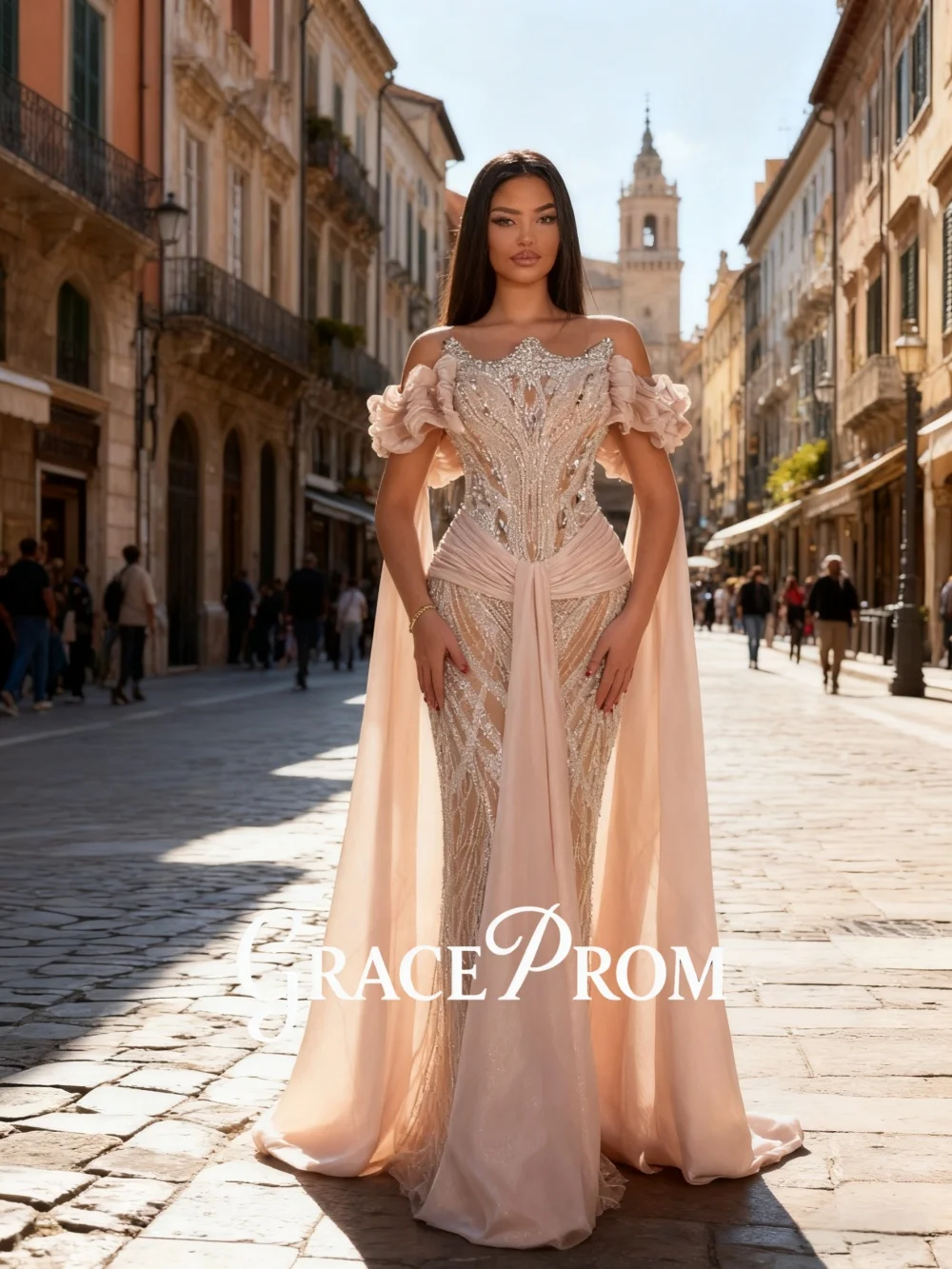 

GraceProm Champagne Crystal Evening Dress Glamorous Off-Shoulder Mesh Floor-Length Party Gown Formal A-Line Shiny Party Gown