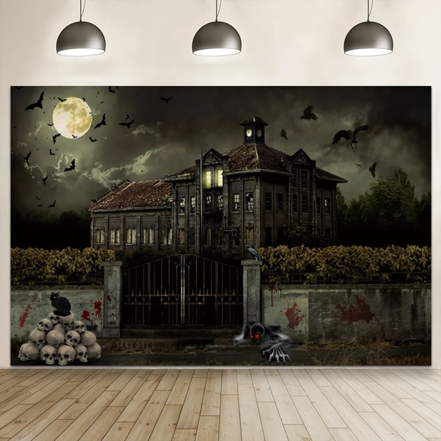 Gruseliger Halloween-Hintergrund, Spukschloss, Friedhofszene mit Geist, Kürbis, Mond, Horror, Party, Fotografie, Hintergrund, Studio-Dekoration