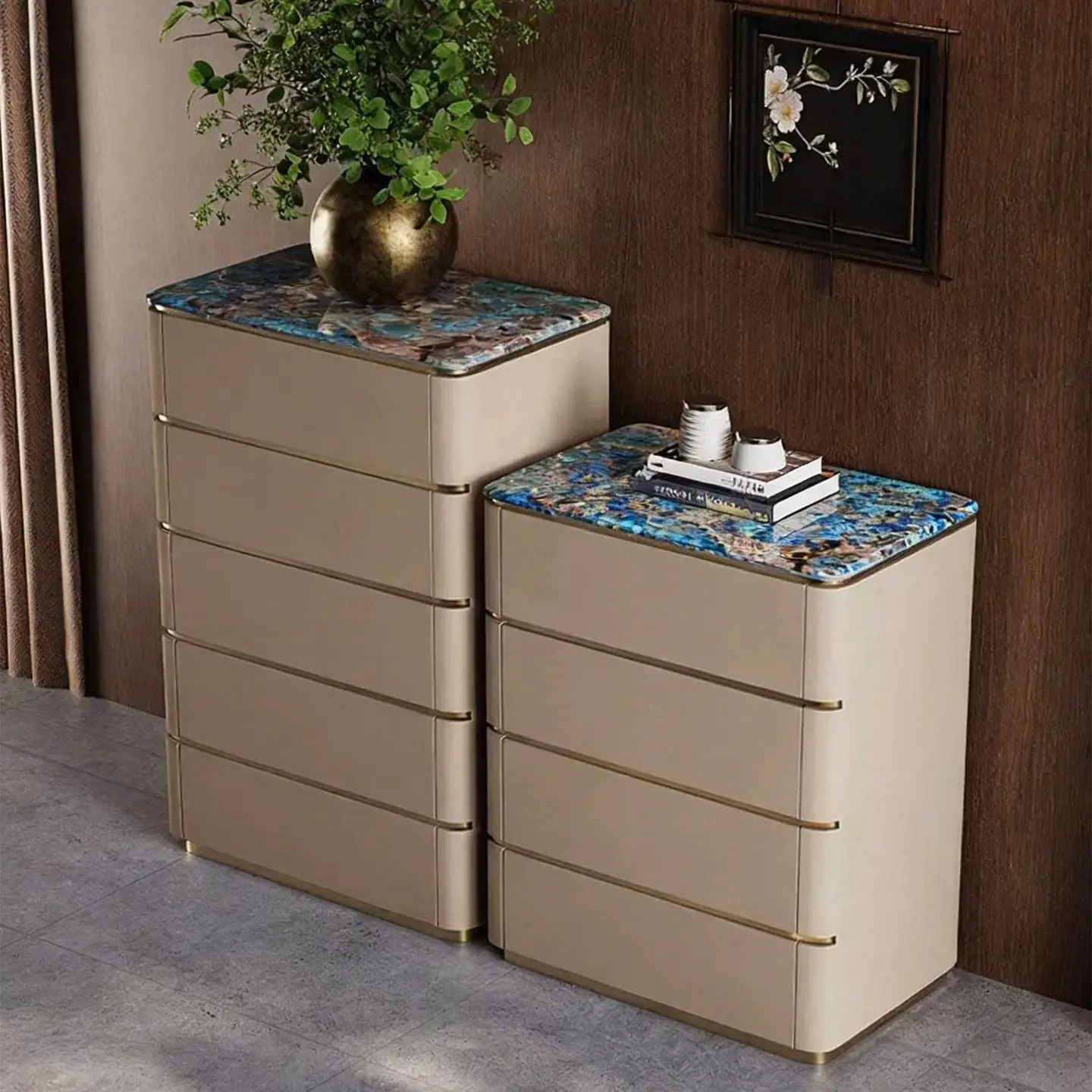 Italian light luxury five or six chest combination modern simple bedroom drawer bedside cabinet solid wood marble villa
