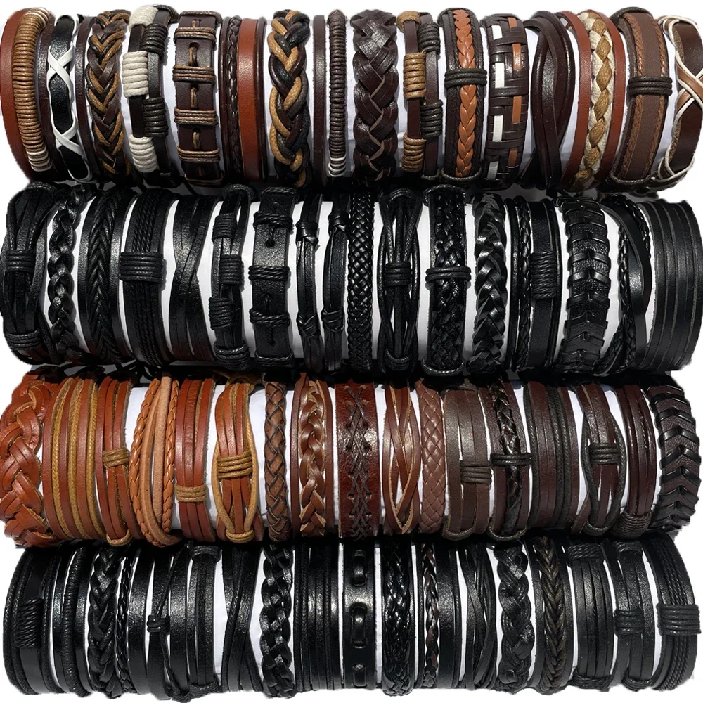 50PCS/set Wholesale Lots Bulk Random Punk Men\'s Leather Bracelets Femme Pulseras Bileklik Couple Bracelet Men Jewelry WP2