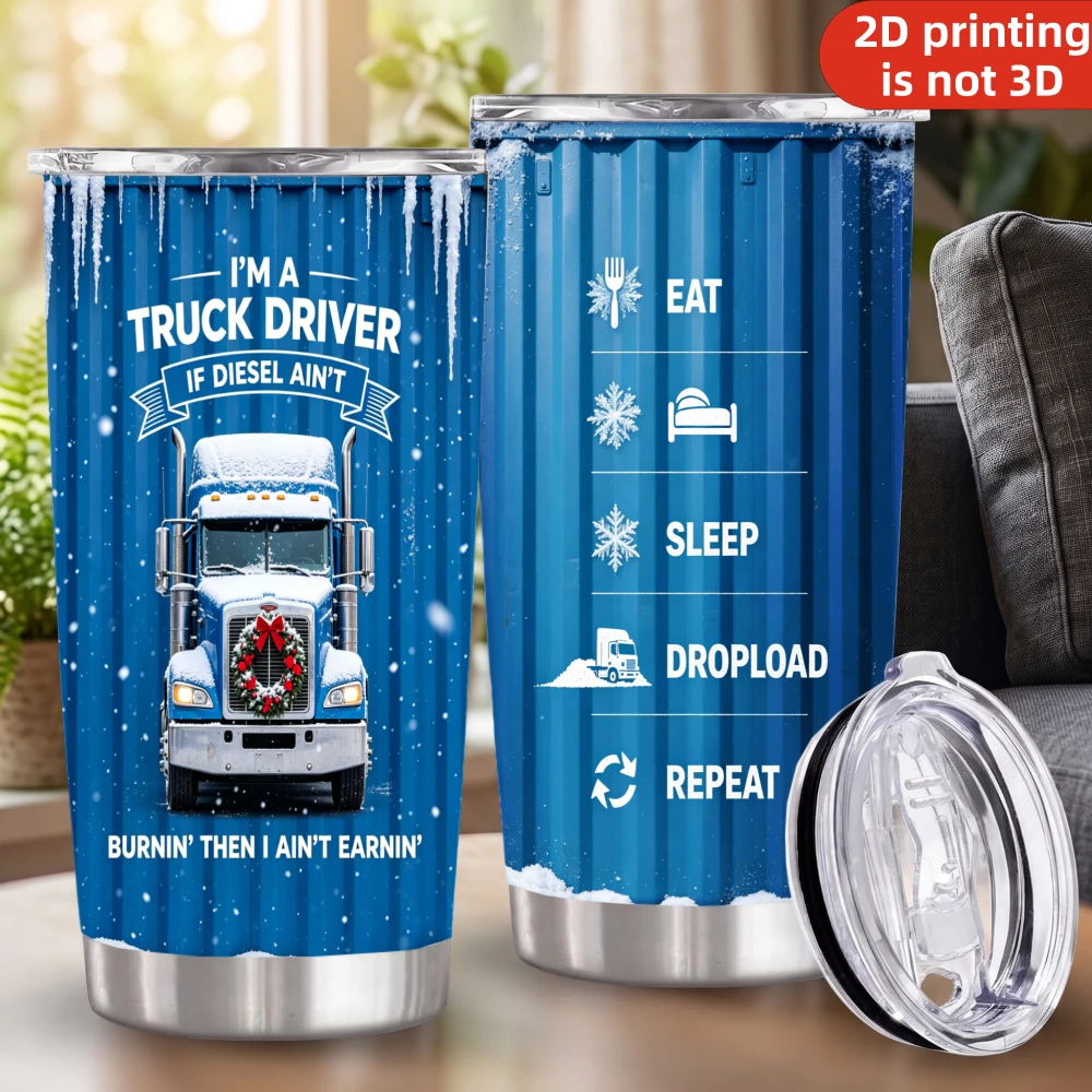 20oz Truck Driver Printed Stainless Steel Tumbler with Lid and Straw, Winter Semi Truck Diesel Big Rig Vacuum Insulated Travel Coffee Mug Gifts for Men