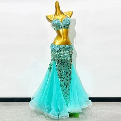 Belly Dance Performance Set for Women Big Sequins Bra Top+long Skirt 2pcs Custom Adult Oriental Belly Dancing Outfit